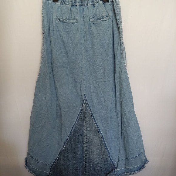 Reba Maxi denim skirt embroidery & contrasting fabric patch pockets size 12 zip - Picture 9 of 16